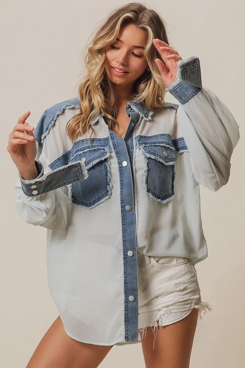 IP9762-01 | FRAYED EDGE DENIM CONTRAST CHIFFON JAKCET Lightweight Shell