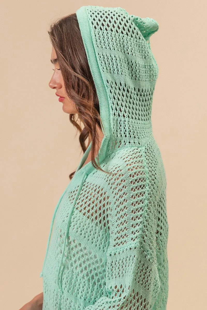 IP9783-01 | OPEN KNIT V-NECK HOODED LIGHTWEIGHT COVER UP Sporty Touch