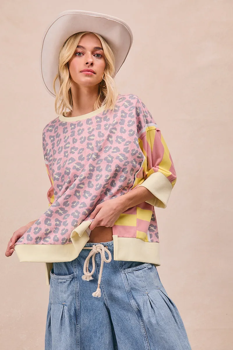 On The Go IP9872R-19 | LEOPARD AND STRIPES BLOCK SHORT SLEEVES TOP