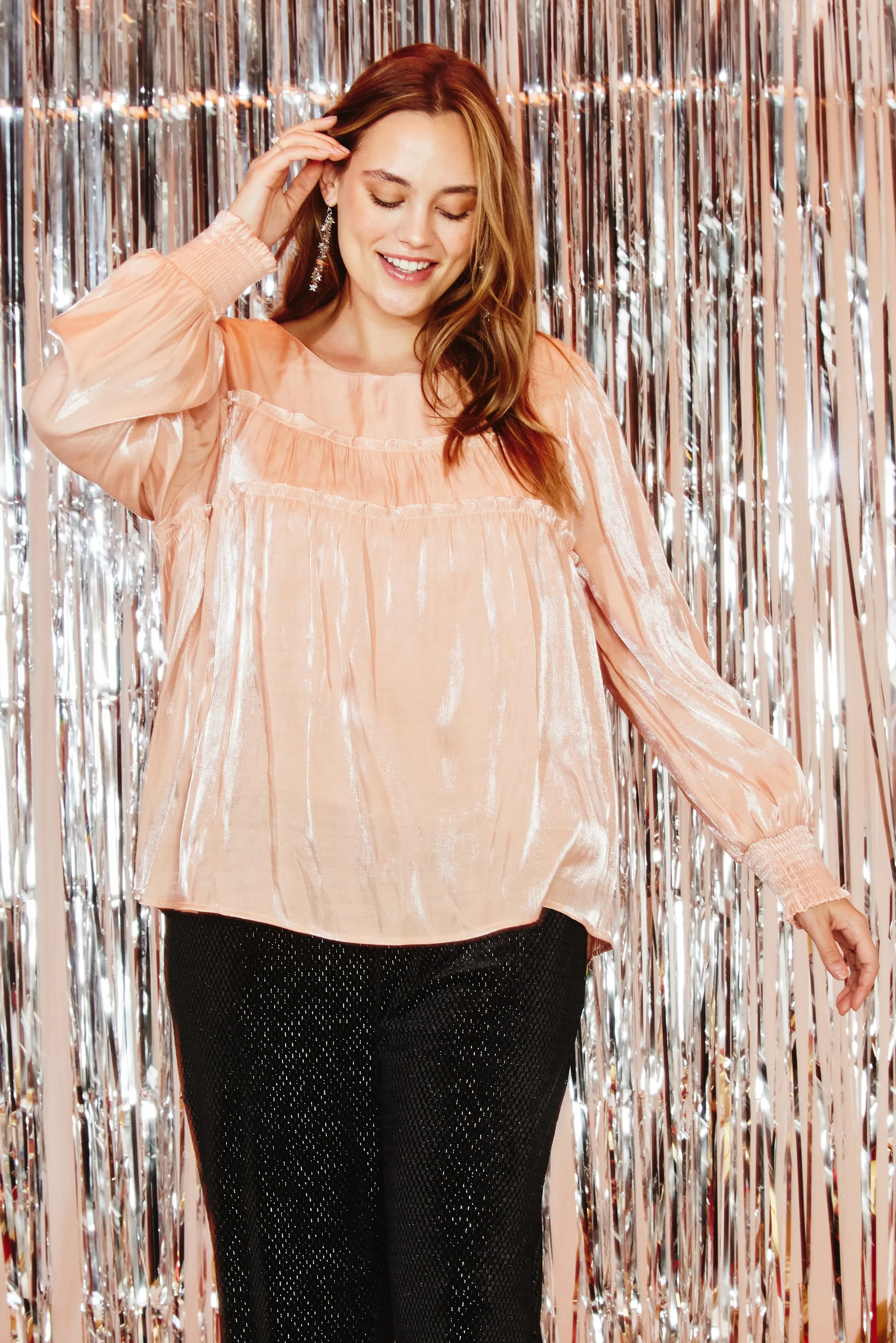 Iridescent Ruffled Smock Cuff Top Oversized Fit