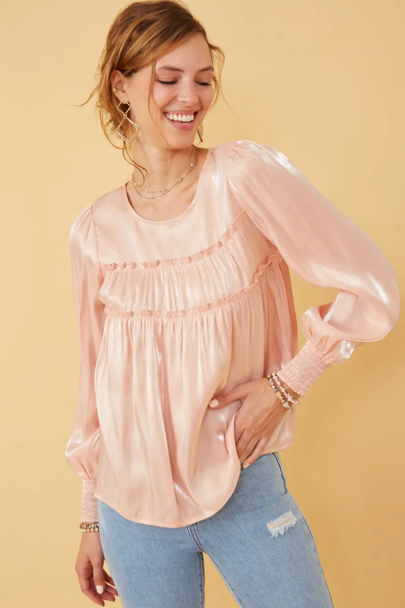 Tencel Blend Fabric Iridescent Ruffled Smock Cuff Top