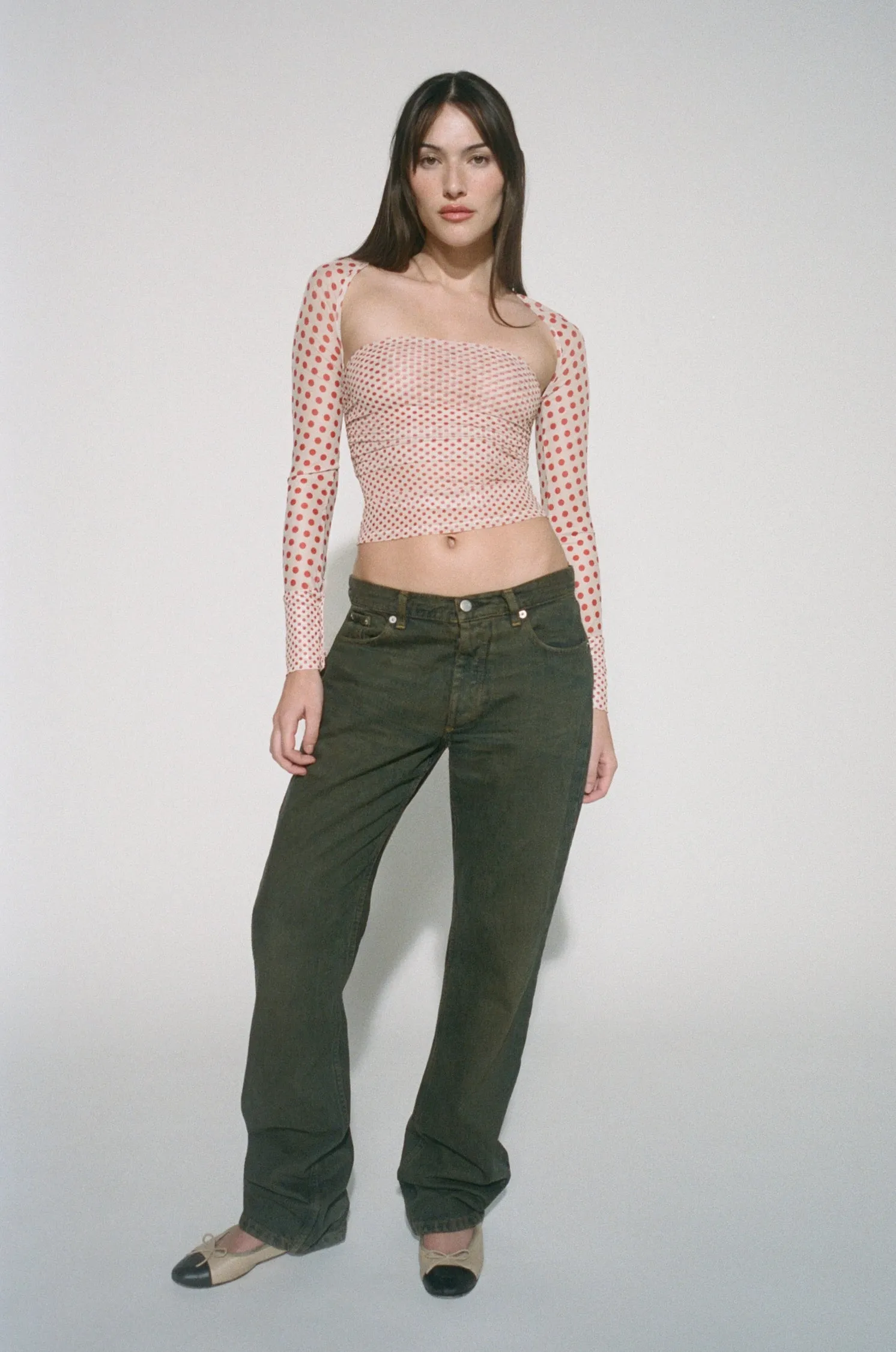 Durable Stitch Pattern Active Wear IRIS TOP - WHITE POLKA DOT