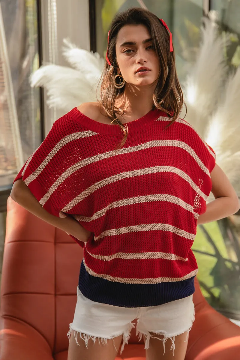 IT1073-03_7 | FOURTH OF JULY STRIPE DROP SHOULDER SWEATER TOP Adjustable Hem Cords Lightweight Windbreaker Tech