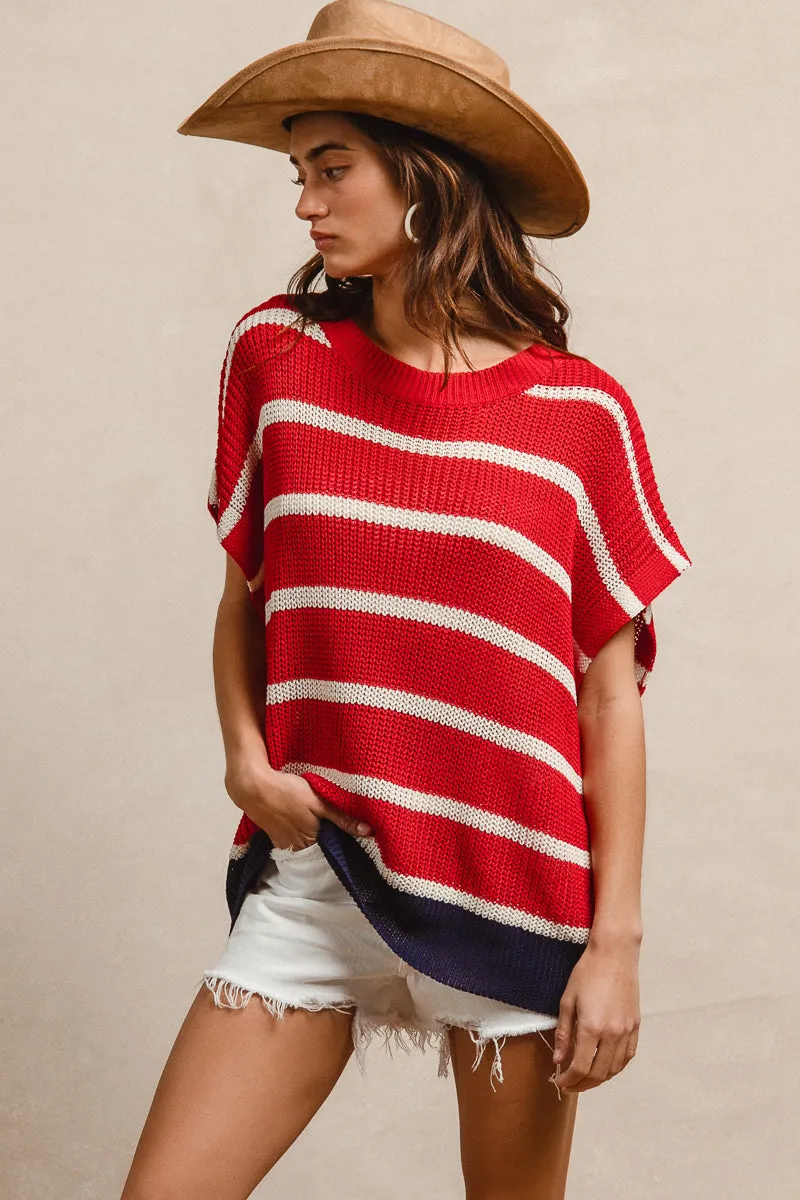 IT1073-03_7 | FOURTH OF JULY STRIPE DROP SHOULDER SWEATER TOP Asymmetric Hemline