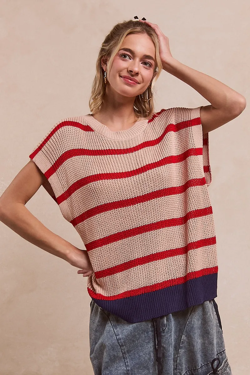IT1073-03_7 | FOURTH OF JULY STRIPE DROP SHOULDER SWEATER TOP Many Pockets