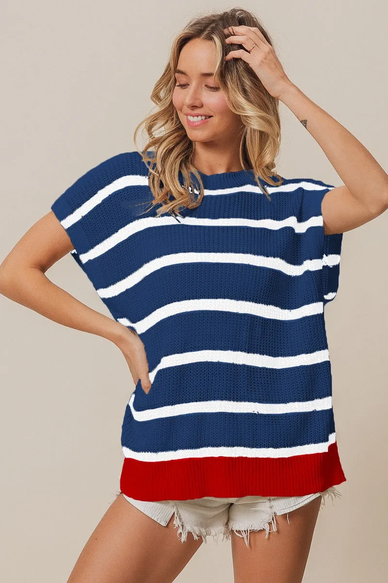 FoldableStorageCapability IT1073-03_7 | FOURTH OF JULY STRIPE DROP SHOULDER SWEATER TOP