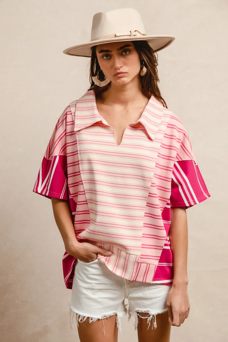 Layer Essential Piece Double Breasted IT1219S-02 | STRIPE MIX AND MATCH V NECK COLLARED TOP