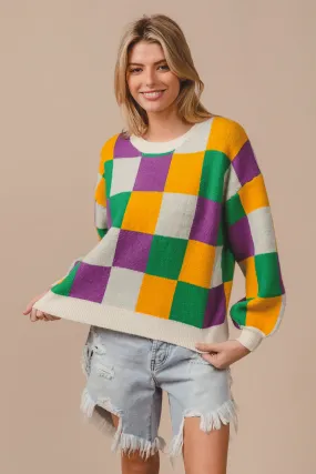 IT1249G-06 | MARDI GRAS CHECKER SWEATER TOP Eco Friendly Fabric