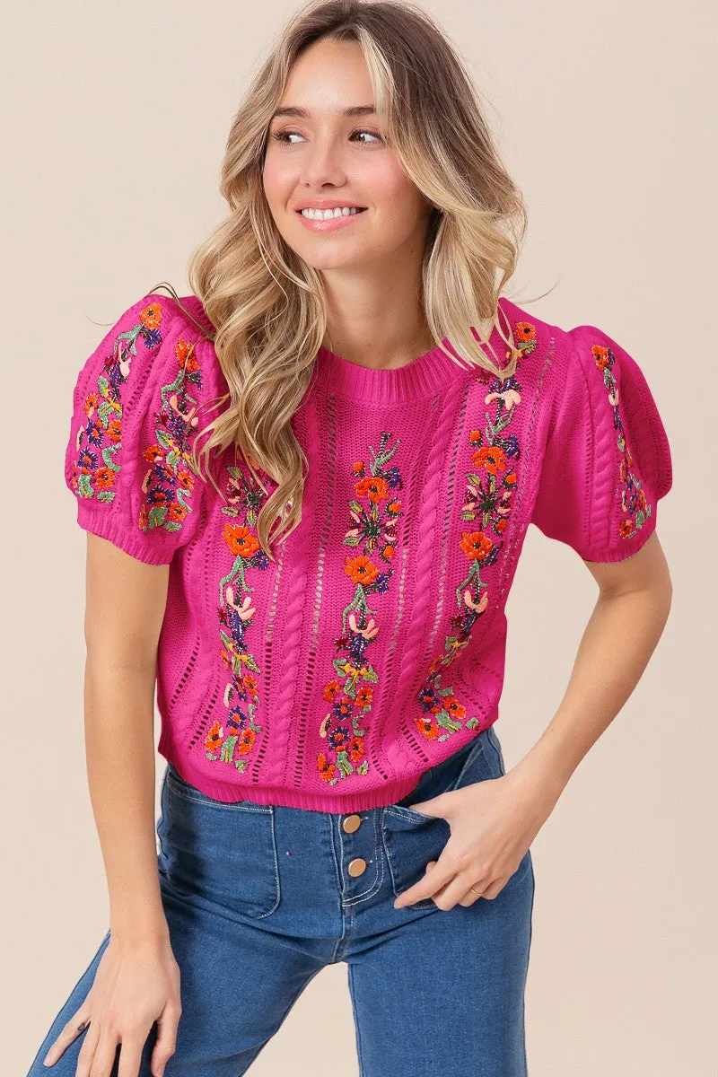 Ribbed Hem Tagless Neckline Design IT1309-01 | FLOWER EMBROIDERY POINTELLE SHORT SLEEVE SWEATER