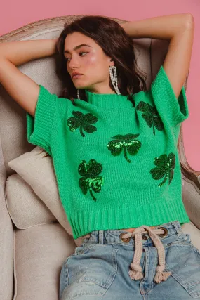 IT1388-25 | SEQUIN CLOVERS EMBROIDERY SLEEVELESS SWEATER TOP AntiPill Finish