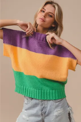 IT1388G-15 | MARDI GRAS COLOR BLOCK DROP SHOULDER SWEATER TOP ClassicCrewNeck ZipperedPockets