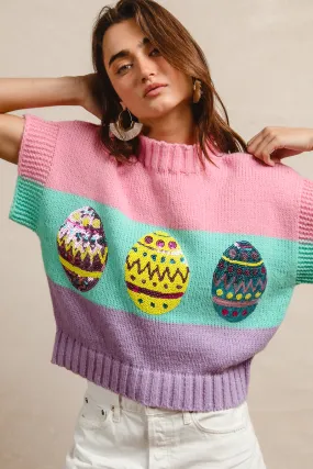 HiddenPockets IT1388G-21 | EASTER EGGS SEQUIN EMBROIDERY RIB BANDED SLEEVELESS COLOR BLOCK SWEATER TOP