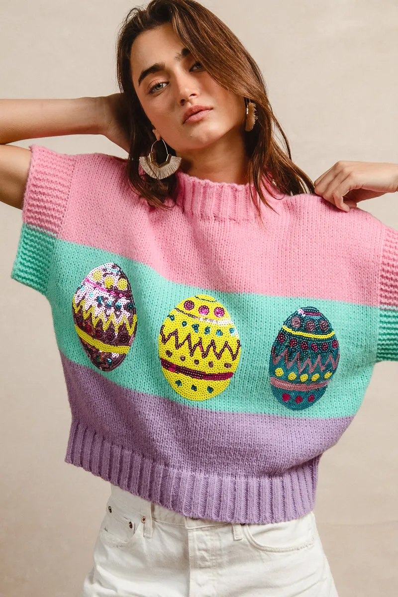 HiddenPockets IT1388G-21 | EASTER EGGS SEQUIN EMBROIDERY RIB BANDED SLEEVELESS COLOR BLOCK SWEATER TOP