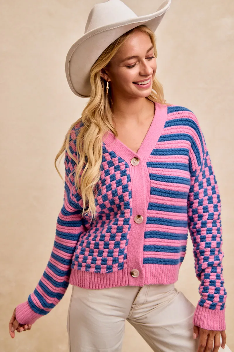 FlameRetardantTreatment IT1445R-01 | STRIPE AND CHECKER COMBO BUTTONED CARDIGAN