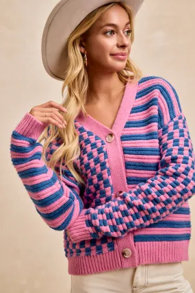 IT1445R-01 | STRIPE AND CHECKER COMBO BUTTONED CARDIGAN City Style