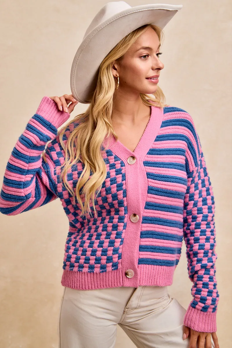 IT1445R-01 | STRIPE AND CHECKER COMBO BUTTONED CARDIGAN Soft Touch Lining Weight Distribution System
