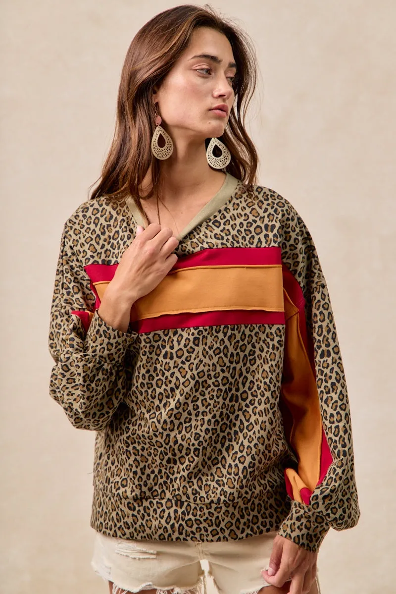 IT1485S-04 | LEOPARD FRENCH TERRY COLOR BLOCK TOP WITH CUT EDGE Comfort Fit Stain Release Finish
