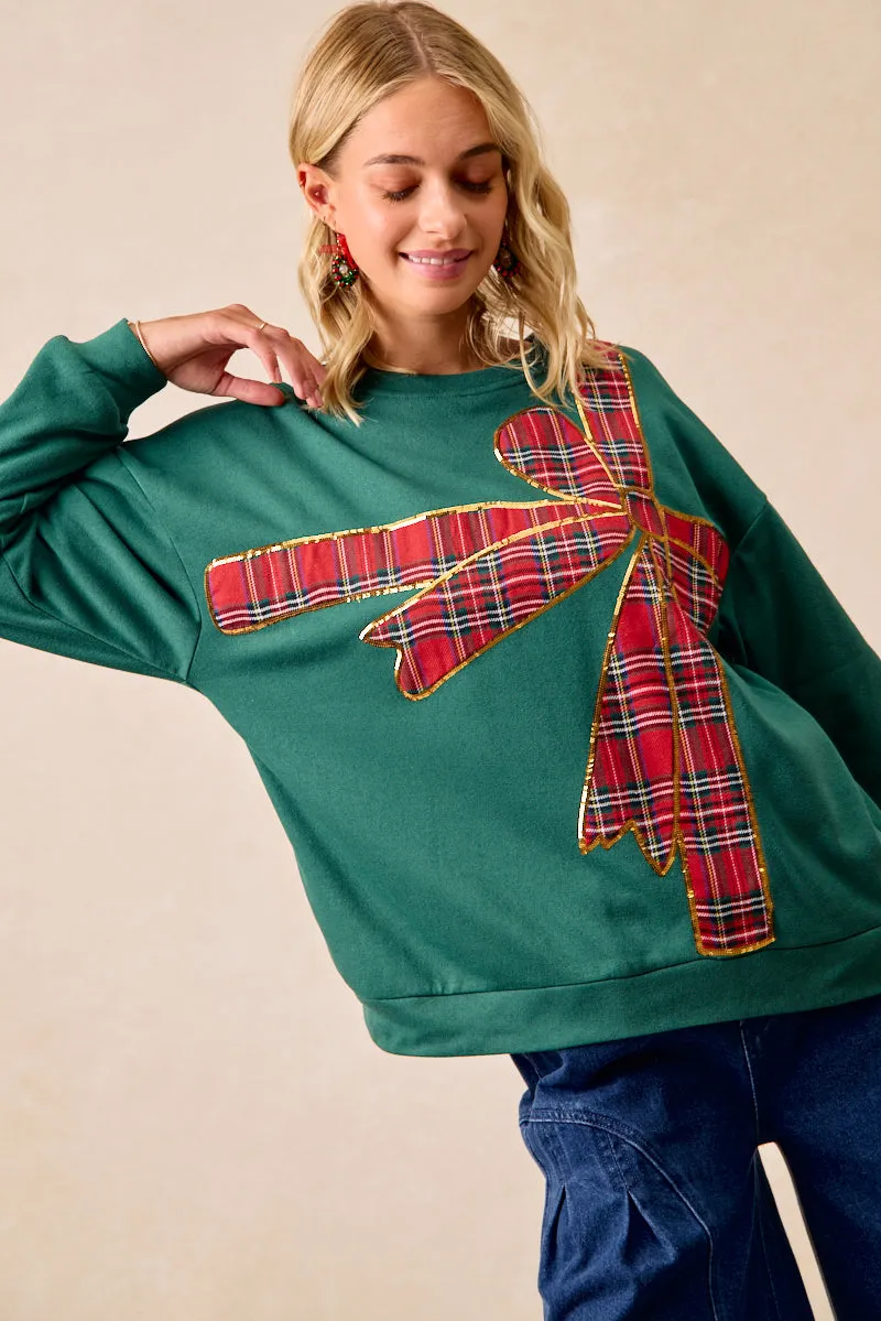 QuickDrying Two Tone Texture Effect IT1508-34 | PLAID RIBBON BOW DETAIL CHRISTMAS FLEECE PULLOVER