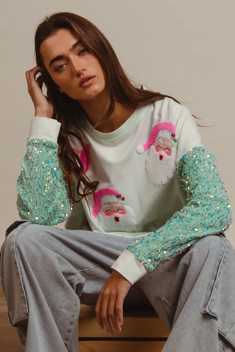 IT1508G-32 | VELVET SEQUIN BEARD SANTA CHRISTMAS PULLOVER Tagless Comfort Collar HighCollar Design