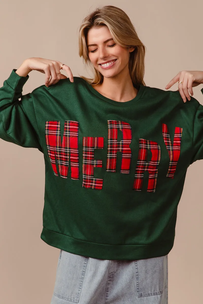 IT1508G-38 | PLAID MERRY LETTERING CHRISTMAS FLEECE SWEATSHIRT Thermal Lining Fast Move