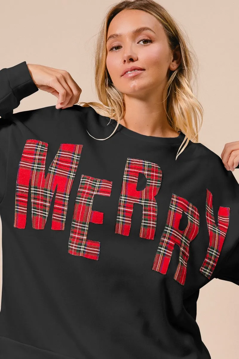 Quick Move IT1508G-38 | PLAID MERRY LETTERING CHRISTMAS FLEECE SWEATSHIRT