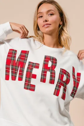 IT1508G-38P | PLAID MERRY LETTERING CHRISTMAS FLEECE SWEATSHIRT Mid Length Design Relaxed City Style