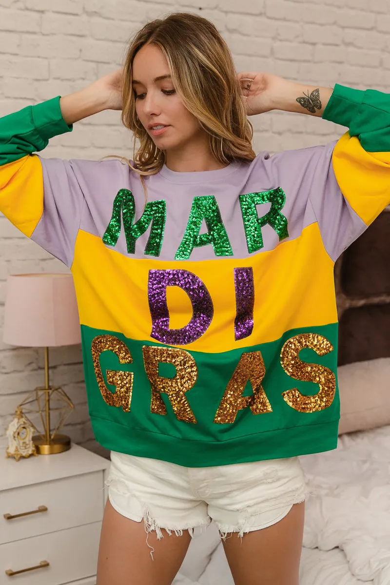 Camo Print IT1508G-52 | SEQUIN MARDI GRAS LETTERING COLOR BLOCK SWEATSHIRT