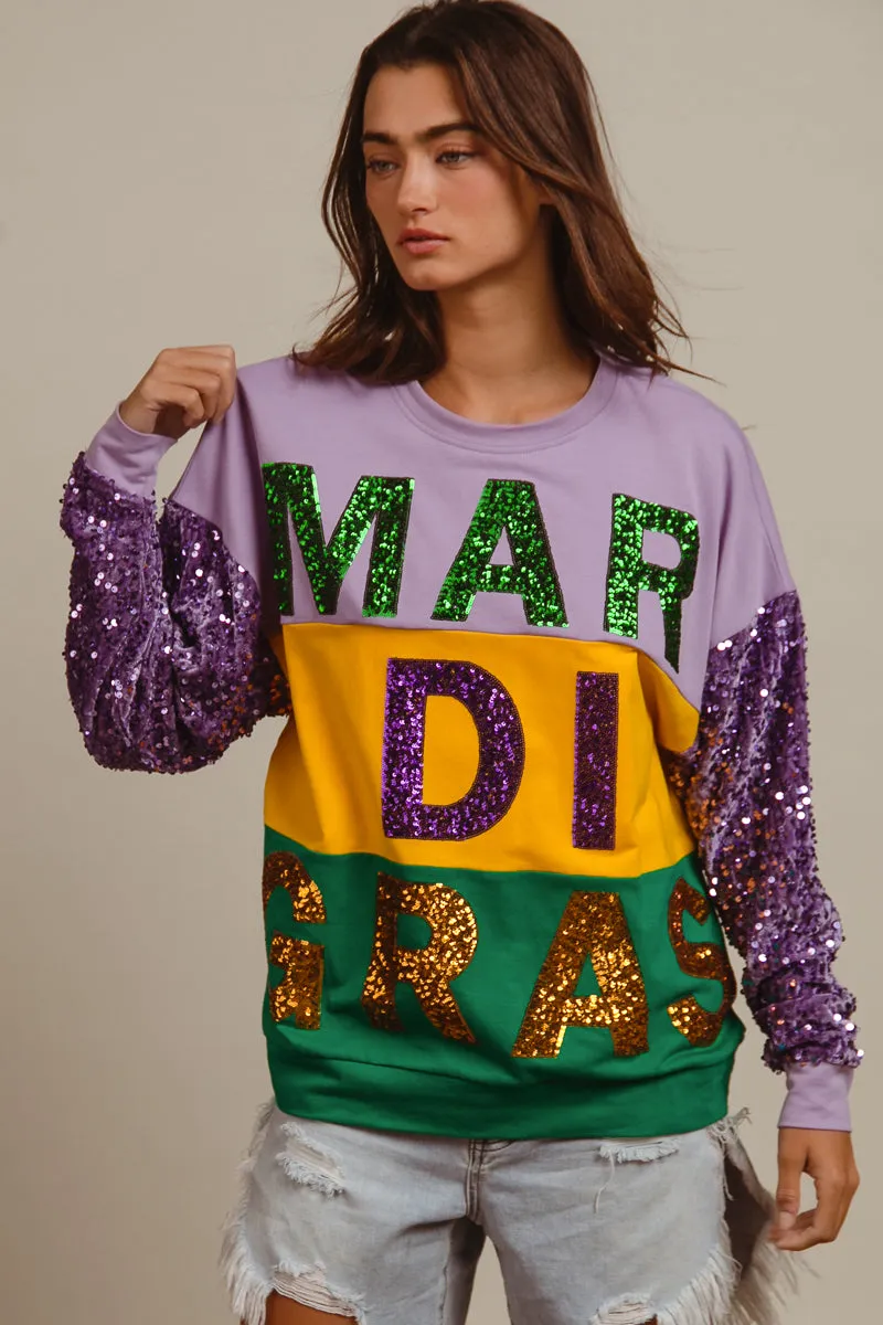 Stretchable Fabric Unisex Casual Fit IT1508G-62 | SEQUIN MARDI GRAS LETTERING COLOR BLOCK SWEATSHIRT