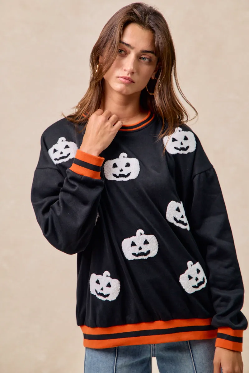 Anti Slip Cuffs Stretch Material IT1508H-69 | HALLOWEEN THEME PUMPKIN PATCHED SWEATSHIRT