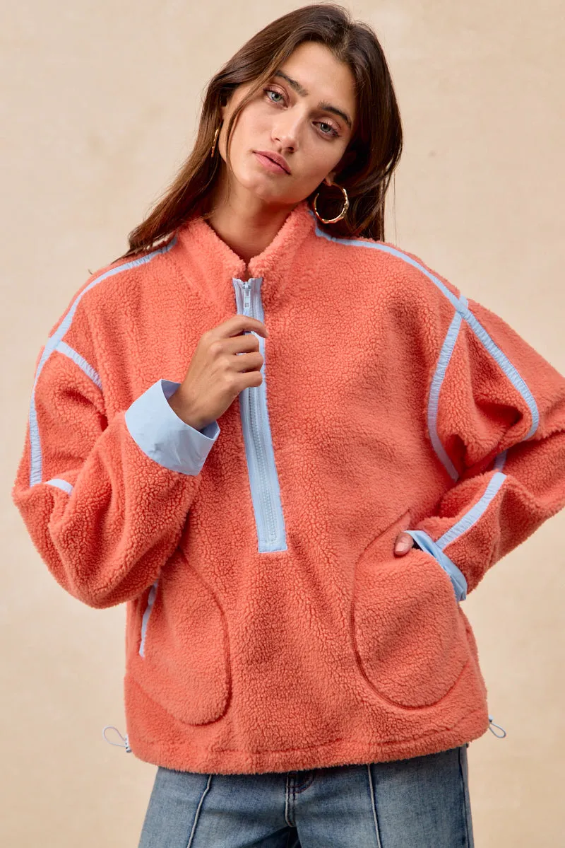 IT1542-01 | CONTRAST EDGE HALF ZIP UP SHERPA JACKET BreathableLining