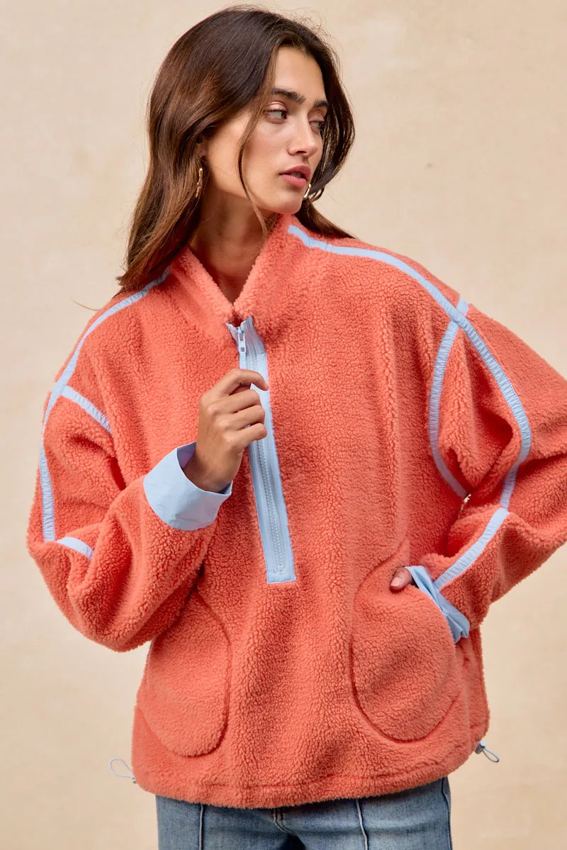 Stretch Paneling Anti Slip Interior IT1542-01 | CONTRAST EDGE HALF ZIP UP SHERPA JACKET