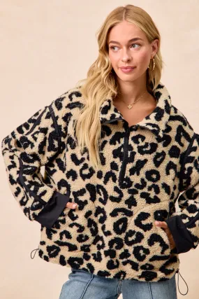 IT1542S-06 | LEOPARD SHERPA FLEECE HALF ZIP UP TOP WITH POCKETS DoubleLayeredEdges Flexible Shoulder Gussets