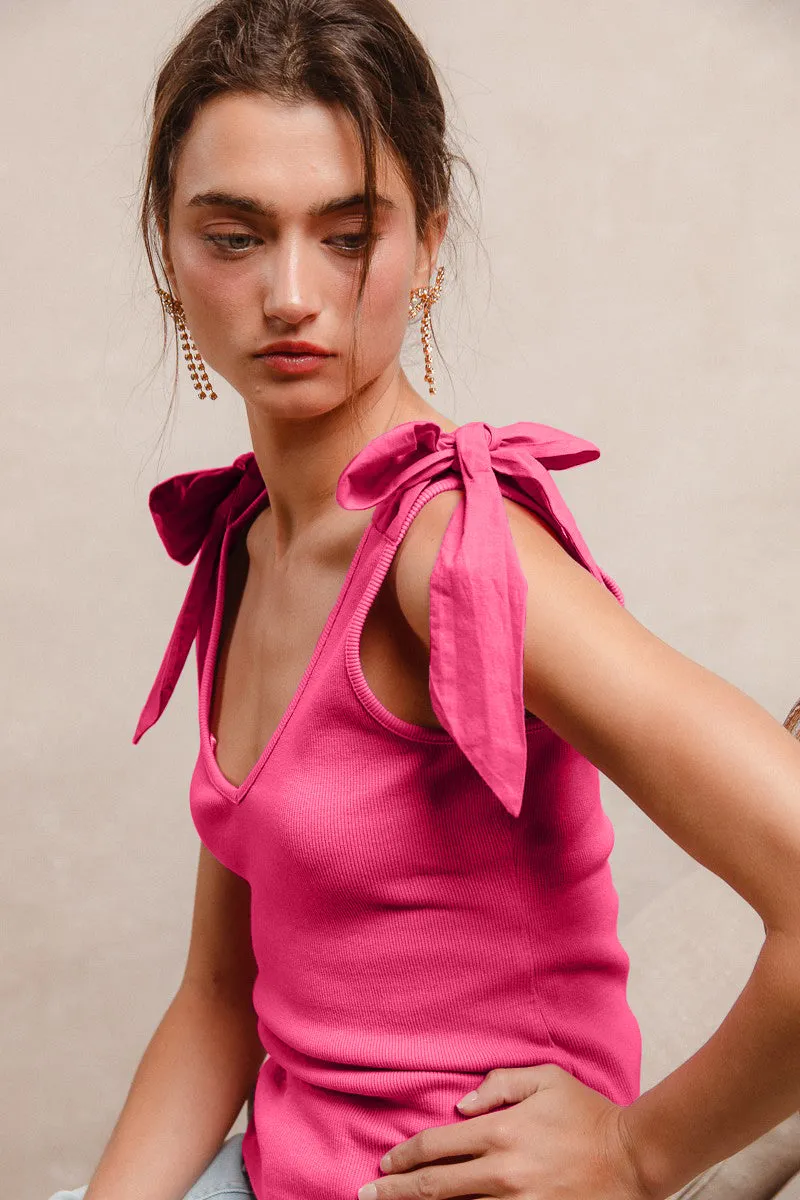 Noise Reduced Fabrics Reinforced Seam Construction IT1620-01 | RIB KNIT SHOLDER TIED BOW V NECK SLEEVELESS TOP