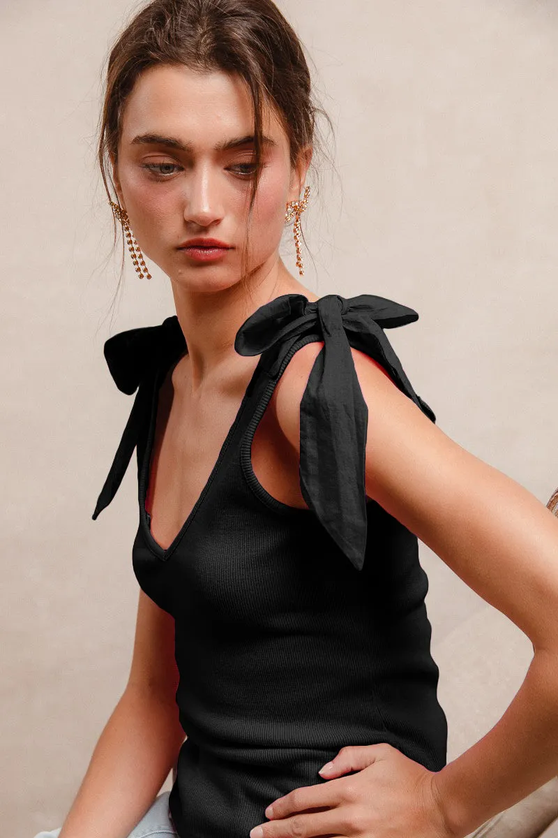 IT1620-01 | RIB KNIT SHOLDER TIED BOW V NECK SLEEVELESS TOP Wrinkle resistant fabric Breathable Membrane