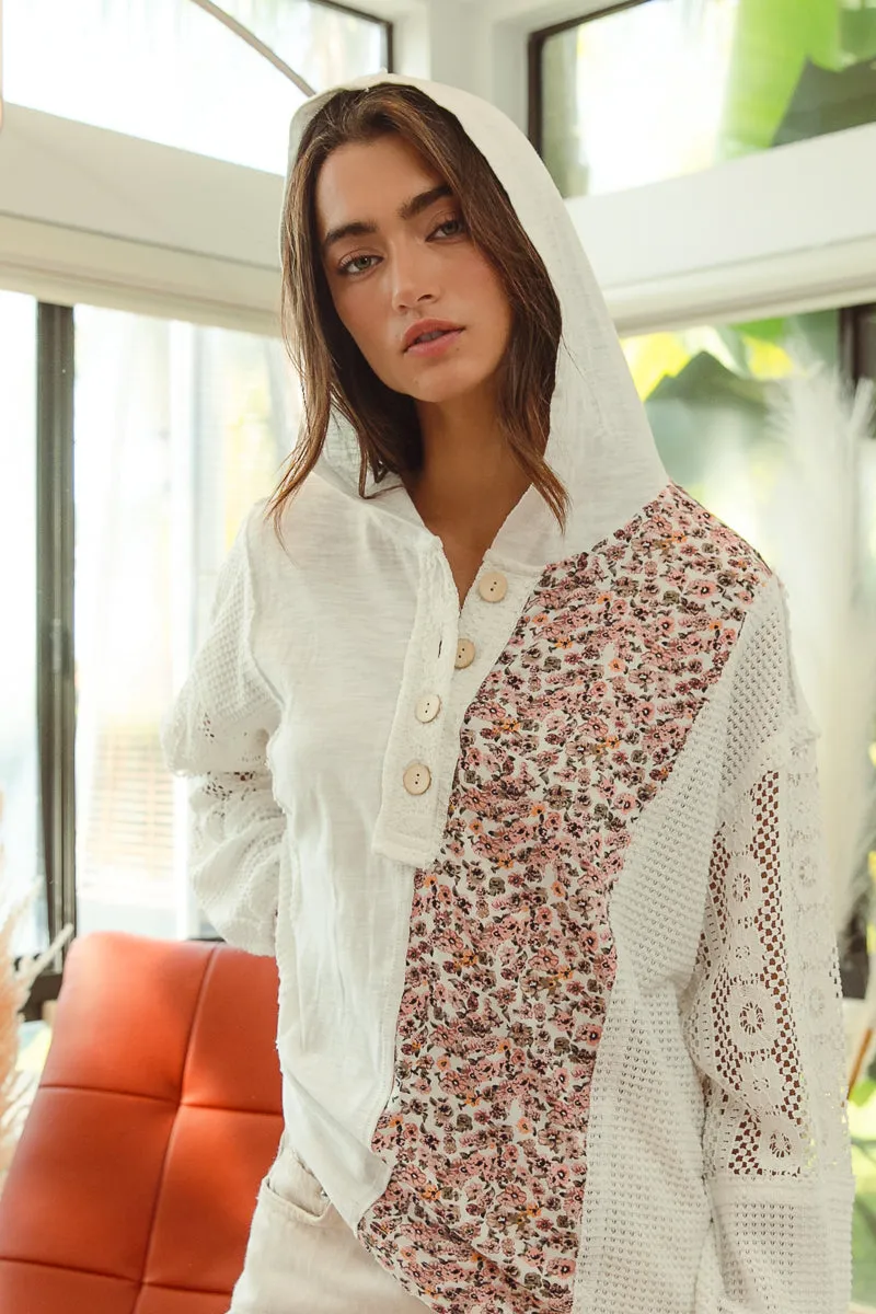 Fashionable Tank IT1763S-01 | SLUB JERSEY WITH LACE COMBO BUTTONED HOODIE TOP