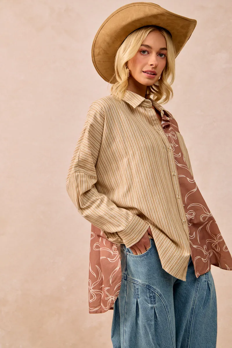 FlexibleCuffs IT1770G-06 | BOW PRINT BLOCK STRIPES SHIRT TOP