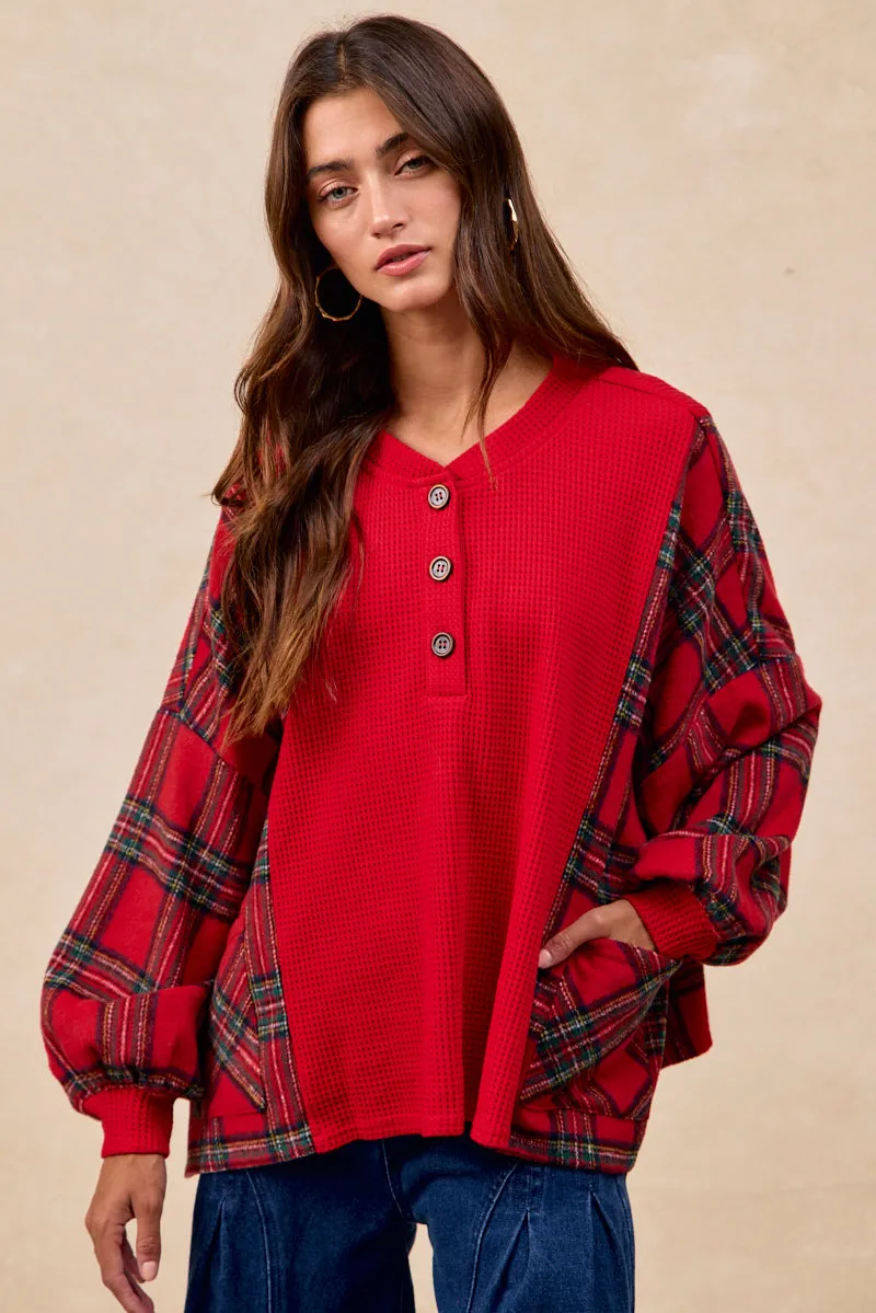 IT1833S-02 | PLAID FLEECE WITH WAFFLE COMBO BUTTONED TOP Daily Mood