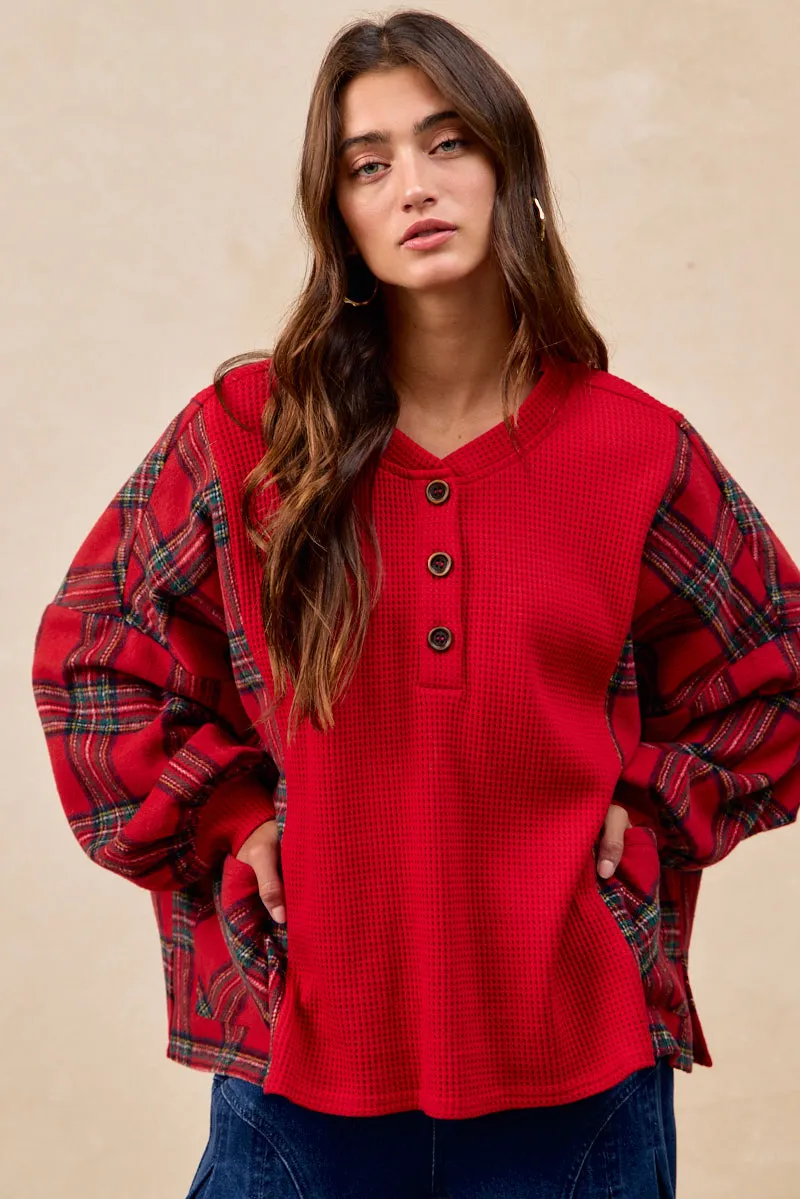 Layered Panel Construction IT1833S-02 | PLAID FLEECE WITH WAFFLE COMBO BUTTONED TOP