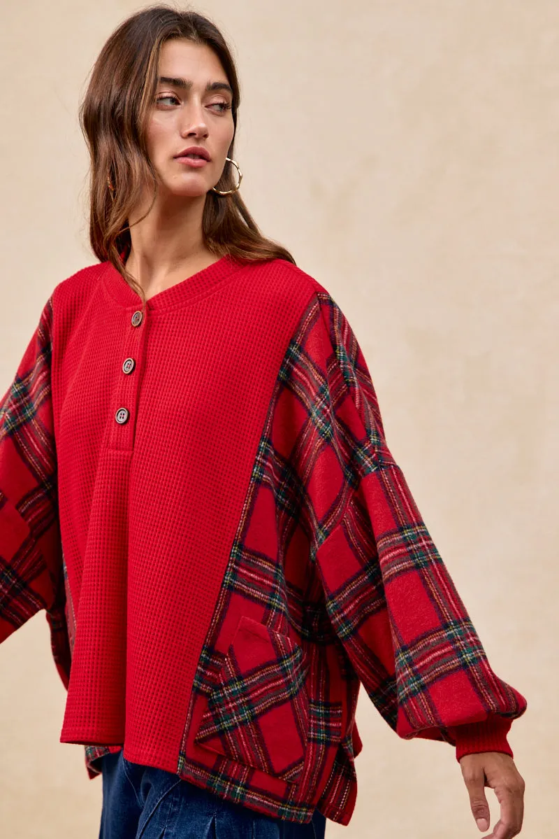 Clean Silhouette IT1833S-02 | PLAID FLEECE WITH WAFFLE COMBO BUTTONED TOP