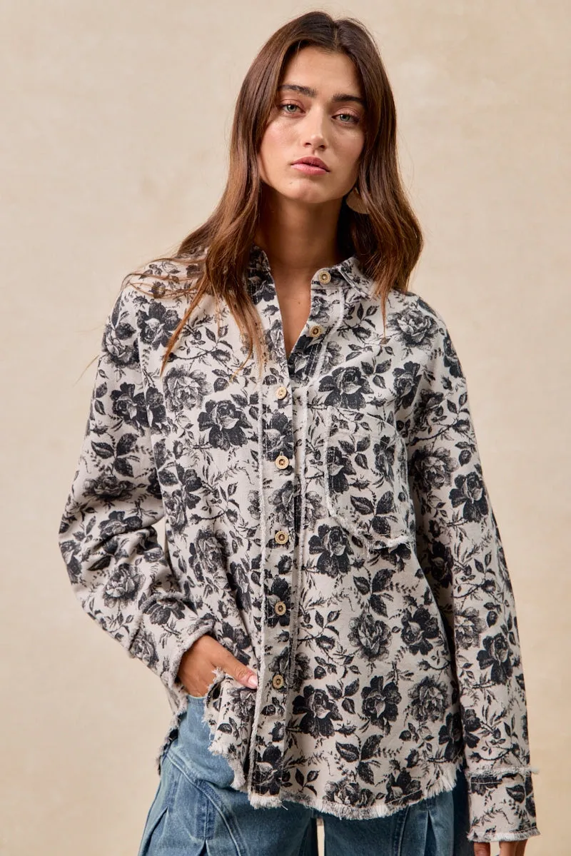 Convertible Sleeves Cozy Street Style IT1835S-08P | WASHED ROSE TWILL SHIRTS TOP WITH FRAYED EDGE