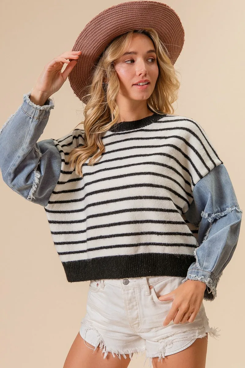 SoftInnerLayer Two Tone Design IT1870-01 | WASHED DENIM SLEEVE STRIPED SWEATER