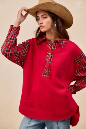 IT1973S-03 | BRUSHED TERRY WITH CHRISTMAS PLAID COLLARED TOP Modern Touch