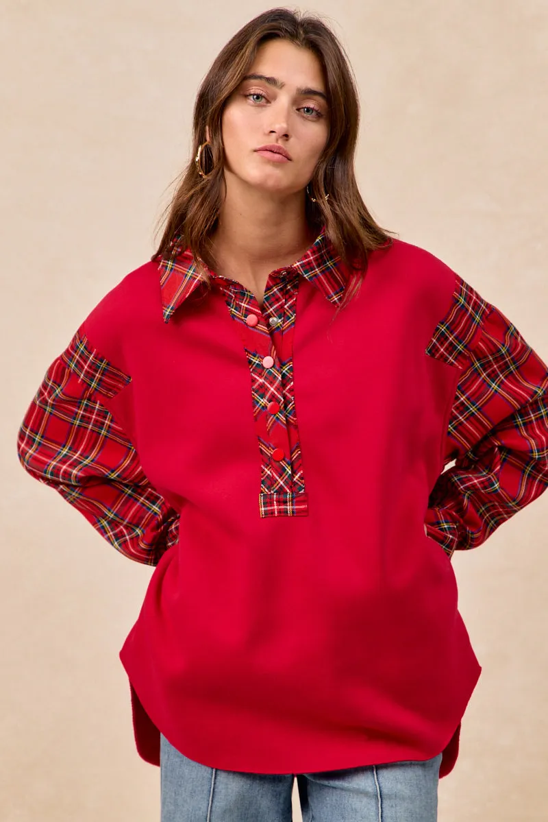 IT1973S-03 | BRUSHED TERRY WITH CHRISTMAS PLAID COLLARED TOP StretchKnit EcoFriendlyMaterial