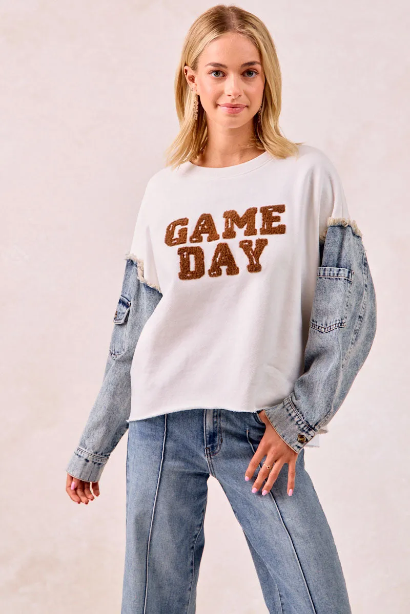 IT2150S-11 | GAMEDAY THEME DENIM SLEEVES TOP CrossGrain Fabric
