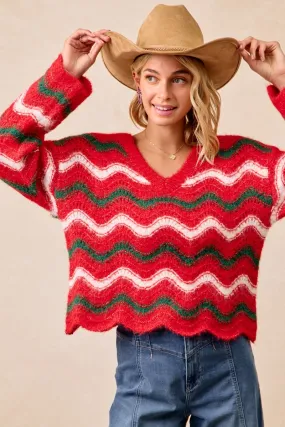 IT2288G-02 | CHRISTMAS WAVY STRIPES V-NECK SWEATER stand neck Multi Pocket Layout