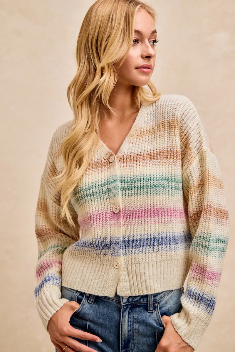 IT2485-01 | MULTI STRIPE BUTTONED SWEATER CARDIGAN Athletic Tailored Fit Weather Ready
