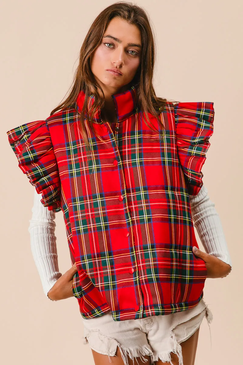 Non Bulk IT2556G-03 | CHRISTMAS PLAID RUFFLED PUFFER VEST