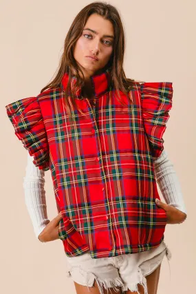 IT2556G-03 | CHRISTMAS PLAID RUFFLED PUFFER VEST LaserCut Vents HiddenPockets