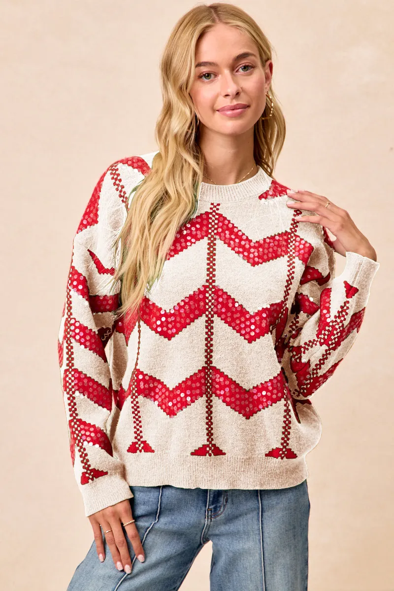Breathable Comfort QuickDryTechnology IT2723S-03 | CHRISTMAS THEME CHEVRON SEQUINS DETAIL KNIT TOP