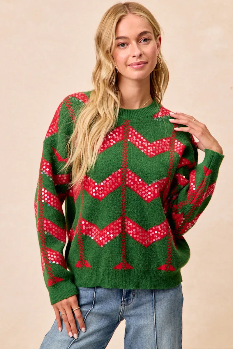 IT2723S-03 | CHRISTMAS THEME CHEVRON SEQUINS DETAIL KNIT TOP Bright Color